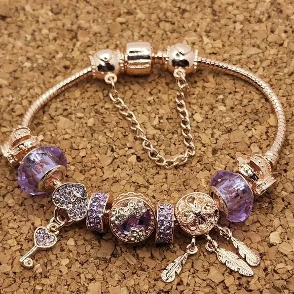 Charmed Jewelry Rose Gold Purple Murano Key Heart Charm - Main Image